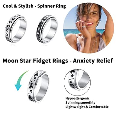 MUCAL Fidget Rings for Anxiety 8pcs Stainless Steel Spinner Ring Anti Spinning Moon Star Cool Stress Relieveing Women Men - Image 2