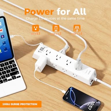 15Ft Extension Cord with Multiple Outlets, Addtam Flat Plug Power Strip Surge Protector with 15 Ft Long Cord,12 Outlet 3 USB Ports (2USB C), Desk Charging Station for Home College Dorm Room Essentials - Image 3