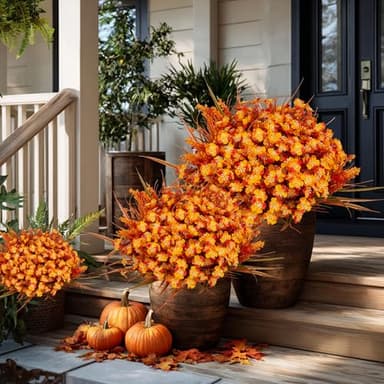 AXYLEX Artificial Fall Flowers Outdoor Fake Mums - 16 Bundles Fake Plants UV Resistant No Fade Faux Plastic Greenery Garden Porch Patio Fall Home Decor (1, OrangeGreen) - Image 2