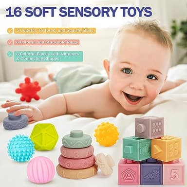 Baby Toys 6 to 12 Months, 5 In 1 Montessori Toys for 1 Year Old, Incl Travel Pull String Toy & Rattle Teether & Stacking Baby Block & Soft Infant Ring & Sensory Ball for Toddler 0-3-6-9-12 Month - Image 6