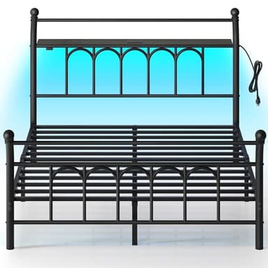Rolanstar Full Bed Frame with USB Charging Station, LED Bed Frame with Storage Headboard, Black Metal Platform Bed with Sleigh Headboard and Footboard, No Box Spring Needed, Noise Free - Image 9