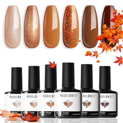 Modelones Gel Nail Polish Set, 6 Fall Colors 2025 Nude Brown Gel Polish Glitter Pearl Shimmer Cinnamon Tawny Orange Cherry Mocha Nail Polish All Skin Tones Soak OFF LED Halloween Nail Art Kit DIY Gift - Image 1