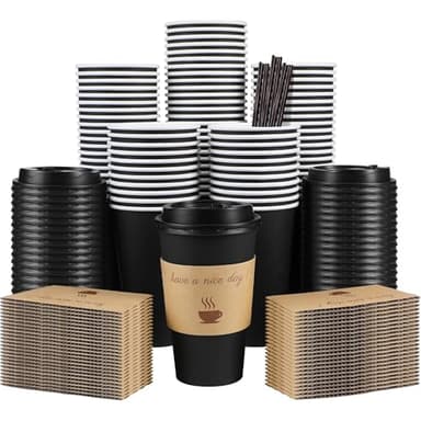 Clawsoff 100 Pack 16 oz Coffee Cups with Lids, Disposable To Go Paper Coffee Cups with Sleeves and Stirring Sticks for Hot/Cold Drinks Office Home Shop Event (Black) - Image 1