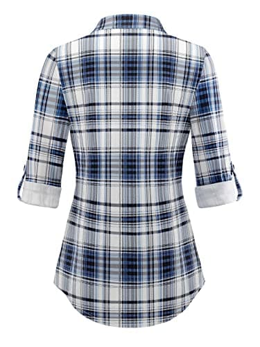 DJT Womens Soft Stretchy Upgrade Thicken Fabric Knit Shirt Button Down Shirts Roll Up Long Sleeve Tops Medium Blue Plaid - Image 3