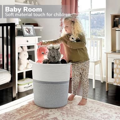 INDRESSME Baby Laundry Basket for Nursery, Kids Laundry Hamper, Tall Storage Basket for Living Room, Rope Basket for Blankets, Clothes, 17¾ x 15¾ x 13¾ inches, Grey - Image 3