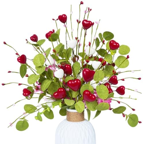 Fairblo 6 Pcs Artificial Silk Flowers for Home Decor Indoor,Fake Flowers with Stems for Vases for Decoration,Faux Flower Arrangements Spring Floral Picks Hearts Berry with Green Leaves(19’’) - Image 1