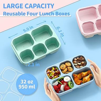 Bento Box Adult Lunch Box - 4 Pack, 5 - Compartment Meal Prep Container for Kids, Reusable Food Storage Snack Containers - Stackable for School, Work, and Travel (Wheat(Green/Blue/Pink/Beige)) - Image 2