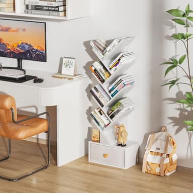 SHEEPAM 8 Tier Tree Bookshelf with Drawer, Free Standing Wood Bookcase for Living Room, Bedroom, Home Office, Space Saving Storage Organizer Bookshelves for Books, CDs, Vinyl Records- White - Image 6