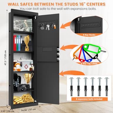 47.3" Tall Fireproof Wall Safes Between the Studs 16" Centers, Large Hidden Flush Wall Safe with 4 Removable Shelf & 6 Key Hooks, 48LB Heavy Duty In Wall Safe for Home, Money, Jewelry, Valuables - Image 3