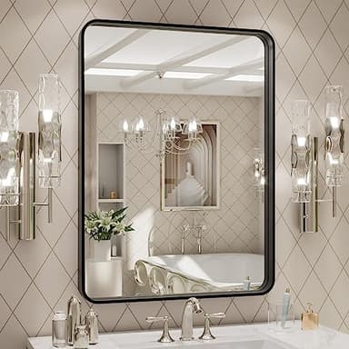 LOAAO 24X32 Inch Black Metal Framed Bathroom Mirror for Wall, Matte Black Bathroom Vanity Mirror Farmhouse, Large Rounded Rectangle Mirror, Anti-Rust, Hangs Horizontally or Vertically - Image 1