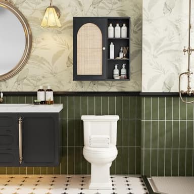 Rattan Bathroom Wall Cabinet, Boho Medicine Wall Cabinets with Door and Adjustable Shelves, Tall Kitchen Wall Mounted Storage Cabinet, Floating Hanging Cabinet Space Saver for Laundry Room,Black - Image 8