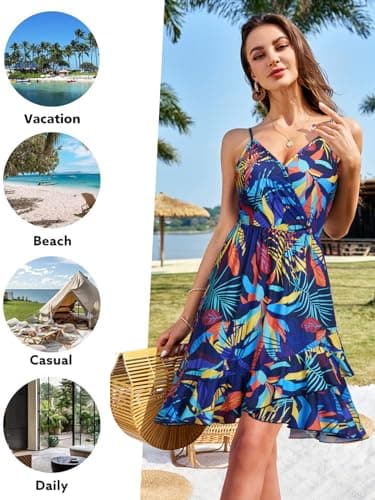 ULTRANICE Women's Summer Beach Dresses 2025 Casual Sundress Spring Trendy Floral Flowy Faux Wrap Midi Beach Vacation Outfits Clothes V-Neck Spaghetti Strap Dress(Blue Multicolored Floral,L) - Image 3