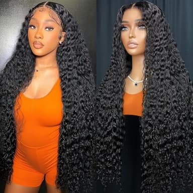 28 Inch Deep Wave Lace Front Wigs Human Hair 200% Density 13x4 HD Lace Front Wigs Human Hair Pre Plucked Deep Curly Wig for Women Natural Black - Image 1