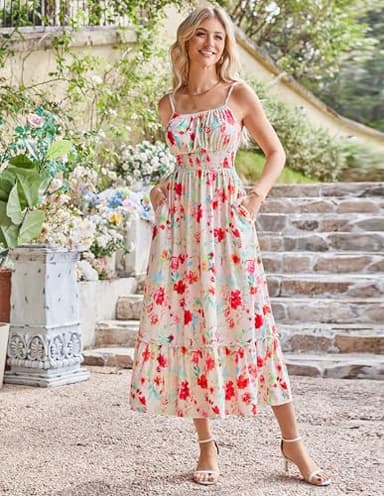 GRACE KARIN Women's 2025 Summer Casual Boho Sundress Flower Spaghetti Strap Square Neck Flowy Maxi Dresses with Pockets Red White Floral XXL - Image 2