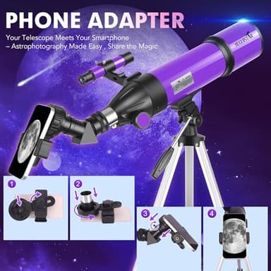 HUGERSTAR Telescope, Telescope for Adults & Kids & Astronomy Beginners, 80mm Aperture 600mm Portable Refractor Telescopes Fully Multi-Coated Optics with AZ Mount Tripod, Phone Adapter and Moon Filter - Image 5