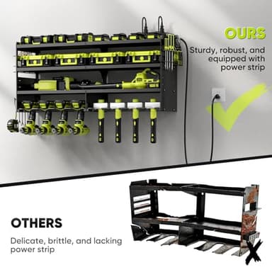 POKIPO Large Power Tool Organizer Wall Mount with Charging Station,4 Layer Heavy Duty Metal Tool Storage Rack Loads 600lbs with 8 Cordless Drill Holder,Battery Utility Rack Loads with 4 Power Strip - Image 4