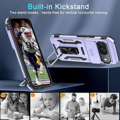 DEERLAMN Case for Google Pixel 9/9 Pro with Slide Camera Cover+Screen Protector(1 Pack), Rotated Ring Kickstand Military Grade Shockproof Protective Cover-Light Purple - Image 4