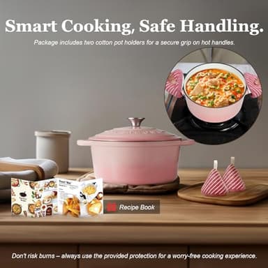 Overmont Enameled Cast Iron Dutch Oven - 5.5QT Pot with Lid Cookbook & Cotton Potholders - Heavy-Duty Cookware for Braising, Stews, Roasting, Bread Baking pink - Image 6