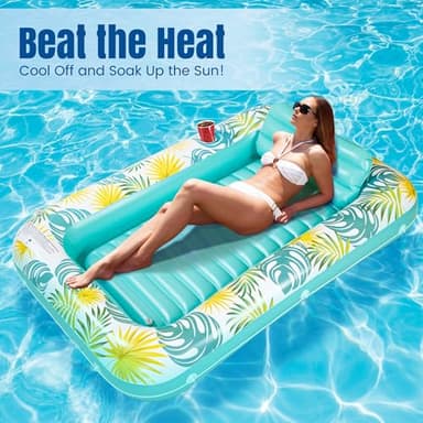 Panadajoy Tanning Pool Floats for Adults with Cup Holder & Pillow, Thick UV-Resistant PVC Portable Float for Backyard, Pool, Lake - Compact Design, Easy Inflation, Durable for Tanning & Relaxation - Image 3