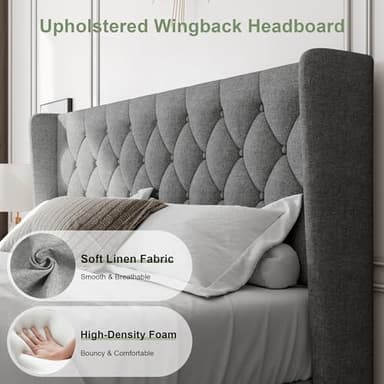 Feonase King Size Bed Frame with Wingback Tufted Headboard, Upholstered Platform Bed Frame with Heavy Duty Wooden Slats Support, Noise-Free, No Box Spring Needed, Easy Assembly, Light Grey - Image 3