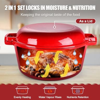 P&P CHEF 5Qt Dutch Oven Pot for Bread Baking (Red), 2 In 1 Round Cast Iron Dutch Oven with Lid Set, Skillet & Pot for Roasting Braising Stewing Frying Simmering, Multi Stoves & Oven Safe - Image 5