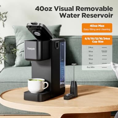 Tastyle Single Serve Coffee Maker with Built-in Detachable Milk Frother, Iced and Hot Coffee Machine for K Cup & Grounds, 40oz Removable Water Reservoir, 6 Cup Sizes, Fits 7.3" Travel Mug, Black - Image 5