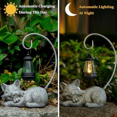 WSgift Outdoor Cat Figurine Garden Statue with Solar-Powered LED Light 13.77 Inches Tall Gift Garden Statue Decor for Cat Lovers Marbled - Image 3