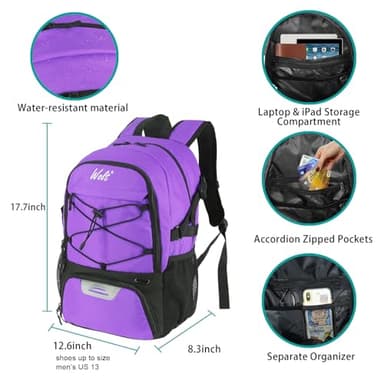 WOLT | Basketball Backpack Large Sports Bag with Separate Ball Holder & Shoes Compartment, Best for Basketball, Soccer, Volleyball, Swim, Gym, Travel (Purple) - Image 2