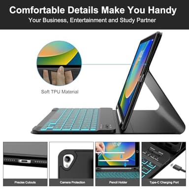 BORIYUAN iPad 10.2 inch Case with Keyboard, Detachable Bluetooth Keyboard with 7 Color Backlit, Slim Folio Smart Cover with Pencil Holder for iPad 9th/8th/7th Gen/iPad Pro 10.5"/iPad Air 3rd Gen Black - Image 5