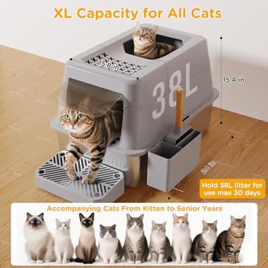 Stainless Steel Litter Box with Lid, XL Closed Metal Litter Box Modular Design with Flip Lid Fits All Cats, Extra Large Covered High Sided Cat Box, Scoop, Non-Sticky, Easy Cleaning, Grey - Image 3