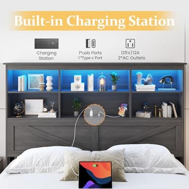 HISOFT Queen Bed Frame with Headboard, Queen Bed Frame with High Storage Bookcase, 4 Storage Drawers & LED & Charging Station,No Box Spring Needed/Noise Free/All-Metal Support, Grey - Image 5
