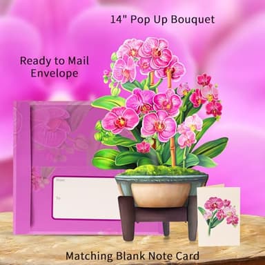 Airpark Pop Up Flower Card, 3D Paper Flowers Bouquet – 14" Orchids, Birthday, Mother’s Day, Get Well Greeting Cards with Note Card & Envelope - Image 3
