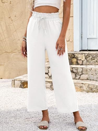ANRABESS Women 2025 Summer Casual Flowy Loose High Waist Boho Wide Leg Cropped Palazzo Lounge Beach Vacation Pants Trousers White Medium - Image 3