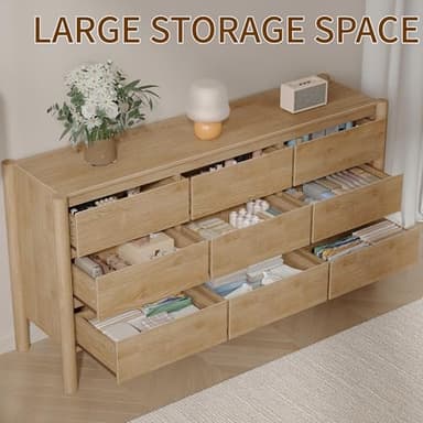 CHUWELL Dresser for Bedroom, 63" Wide Mid Century Modern Chest of Drawers with 9 Large Storage Space and 4 Solid Wood Cylindrical Legs, 9 Drawer Large Dresser for Bedroom(Oak) - Image 6
