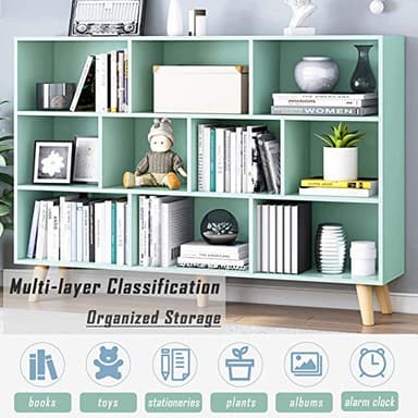 IOTXY Wooden Open Shelf Bookcase - 3-Tier Floor Standing Display Cabinet Rack with Legs, 10 Cubes Kids Bookshelf, Tiffany-Green - Image 6