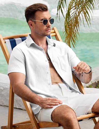 COOFANDY Mens Short Sleeve Button Down Shirts Linen Shirt Summer Holiday Shirt Beach Tops White - Image 3