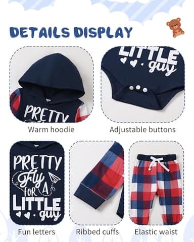 NZRVAWS 0-3 Months Newborn Baby Boy Clothes Infant Long Sleeve Letter Print Deep Blue Plaid Hoodie Sweatshirt+Pants 2PC Outfit Set - Image 4