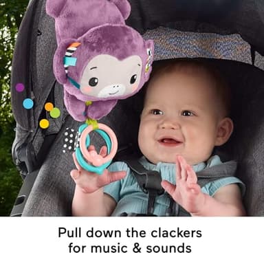 Fisher-Price Baby Stroller Toy Sing & Go Purple Monkey Musical Sensory Plush with Crinkle & Clackers for Newborns from Birth+ - Image 2