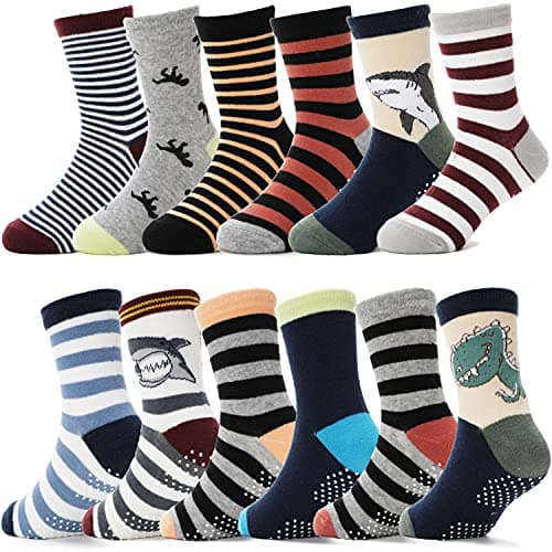 ANTSANG Baby Boys Grips Socks Kids Toddlers Infants Non Slip/Anti Skid Crew Cotton Socks 12 Pairs (Brown Striped(12 Pairs),5-8 Y) - Image 1
