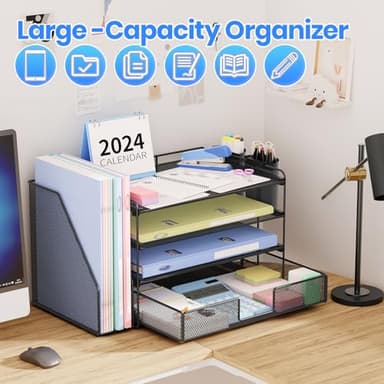 OPNICE Desk Organizer and Accessories, 4-Tier Desktop File Organizer with Drawer and 2 Pen Holders, Office Desk Accessories, File Sorters, Workspace Organizers for Office Supplies(Black) - Image 8