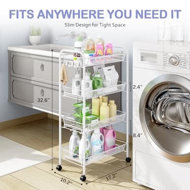 TOOLF 4-Tier Rolling Cart, Metal Utility Cart with 3 Hooks, Easy Assemble Mobile Storage Trolley On Wheels, Metal Shelving Units Kitchen Bathroom Laundry Room - Image 7
