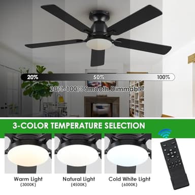 Ceiling Fans with Lights- 52" Low Profile Indoor Ceiling Fan with Light and Remote/APP Control, Flush Mount, LED Dimmable DC Reversible Modern Ceiling Fan for Bedroom(Black) - Image 2
