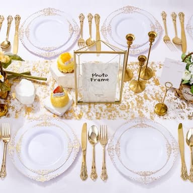 Joyido 102PCS White and Gold Plastic Plates - Heavy Duty Gold Disposable Plates Include 51PCS 7.5inch Dessert Plates, 51PCS 10.25inch Dinner Plates for Christmas & Thanksgiving Parties - Image 8