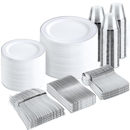 bUCLA 600pcs Silver Plastic Dinnerware Set for 100 Guests - Silver Christmas Dinnerware Set Disposable for Party - Include 100 Dinner Plates,100 Dessert Plates,100Cups,100 Knives,100 Forks,100 Spoons - Image 1