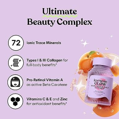 Lemme Glow Collagen Gummies for Thick Hair, Strong Nails & Healthy Skin with Multi-Collagen Peptides, Biotin, Trace Minerals, Zinc, Vitamins A, C & E, Dairy & Gluten Free, Peach Flavor, 60 ct. - Image 4