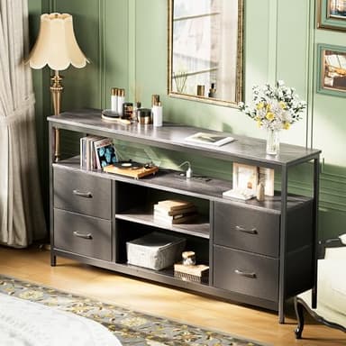 Huuger TV Stand Dresser with Power Outlets and LED Lights, 4 Drawers Entertainment Center with Shelves, 54in Media Console for 55 60 Inch TV, Dresser with PU Finish, Grey and Black - Image 4