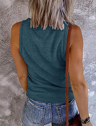 MEROKEETY Women's V Neck Tank Tops Summer Sleeveless Ribbed Button Casual Henley Shirts, Dustyblue, S - Image 2