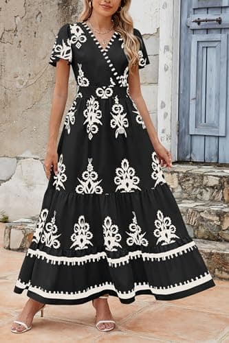 PRETTYGARDEN Womens 2025 Summer Casual V Neck Boho Maxi Dress Flowy Aline Bell Sleeve Tiered Floral Dresses with Pocket (Floral Black White,X-Large) - Image 6