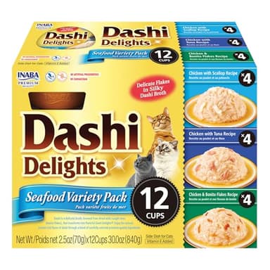 INABA Dashi Delights for Cats, Shredded Chicken with Bonito Flake Broth, 2.5 Ounce Cup, 12 Cups Total, Seafood Variety - Image 1