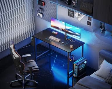 KKL Small Desk with Power Outlets and USB Port Computer Desk for Home Office Gaming Simple Modern Style Writing Desks with Storage Bag Headphone Hook, 40 inch, Black - Image 2